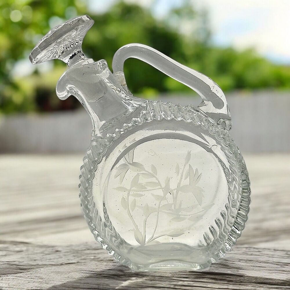 Vintage Etched Floral Glass Decanter Ornate Stopper Vanity Display Home Decor
